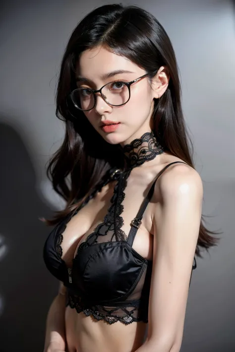 ((best quality)), ((masterpiece)), (detailed), Perfect face beauty with glasses，Transparent mask black zipper clothes，Tight black short lace bra 