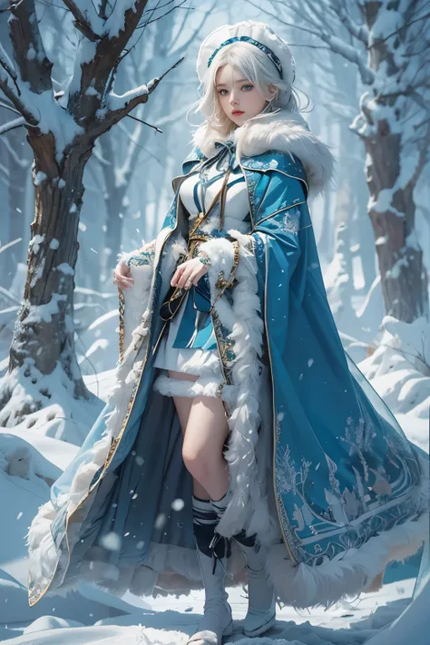 8K，realistically, A high resolution, 1 Women, Alone, (Lolita costume)，Gorgeous costumes attract the audience，A beautiful Blue eyes, White hair, eye socket, (External，Oyuki，fur-edged cloak，blanketed in a mantle of snow)，snow cover，