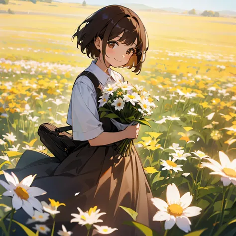 girl、brown hair、short hair、Best、Checked Skirt、smile、Flower Field、Holding flowers、April