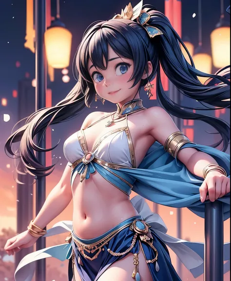 (masterpiece、highest quality、highest quality、Official Art、Beautiful and beautiful:1.2)、(One girl:1.3)Hatsune Miku、Twin tails,Big Breasts,Illustration of a dancing belly dancer、アニメWindイラスト, High resolution, Super detailed, (One girl:1.3), (Dynamic pose):1.0...