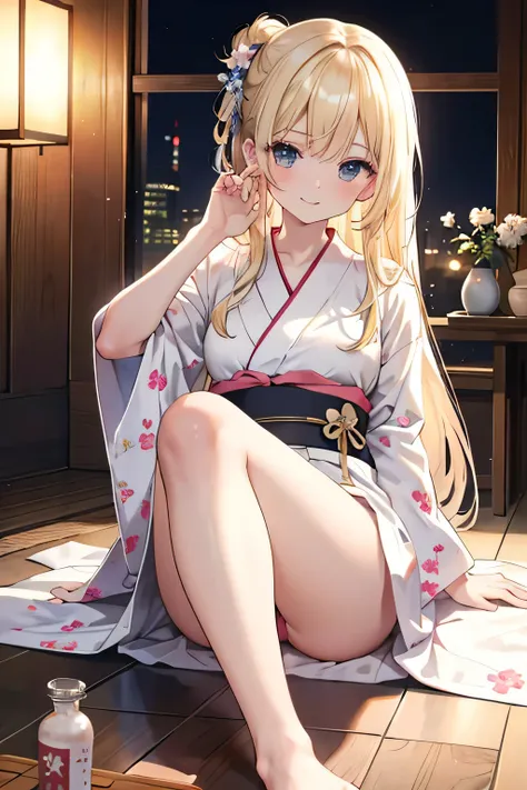 ((highest quality)), ((masterpiece)), (detailed), Perfect Face、blonde、Foot massage、Pain、Straight Hair、yukata、