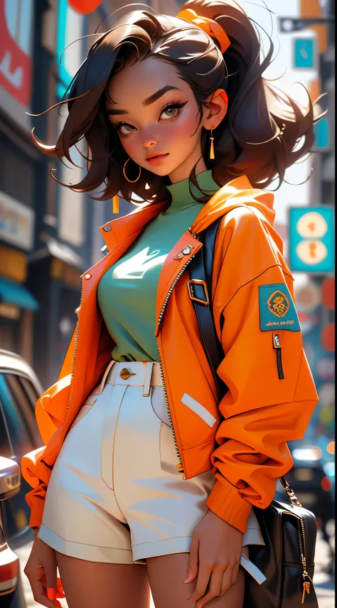 （（melhor qualidade）），（（obra-prima）），（（Realista））Fotografia hiper-detalhe com uma garota de livro usando fones de ouvido neon。Shes having（（cabelo de cor morena）），Wear an orange tech jacket，Exalando（（Beauty and Aesthetics））A atmosfera。Maior peito