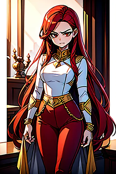 1 girl, long scarlet hair , long, flowing crimson haircut, solo, errogant look, angry and arrogant, (masterpiece, best quality, ...