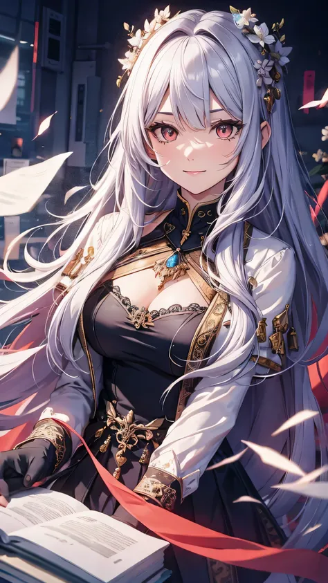 最high quality、Best image quality、masterpiece、girl((20-year-old、 By becoming、Best Bust、Medium Bust,Wide open breast tea、red glowing eyes,Silver Hair、Disheveled Hair、Long Hair、thin,The highest valley、Open chest、White wristband、smile、hair ornamentany accessor...