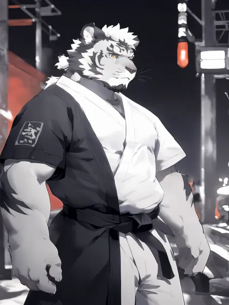 (white skintiger),(上half body赤膊:1.7),(martial arts衣服:1.4),(holding a long sword),(awesome posture),standing calmly,(the backgrou...