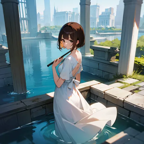 girl、turn around、brown hair、short hair、White Dress、Sculpture、ruins、water