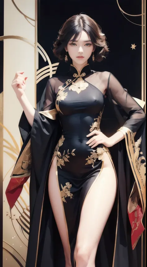 best quality, masterpiece, A girl, cheongsam, Crimson Stripes, fighting, necklace, carbon fiber, Robotic palm, Body Proportions, Golden Ratio, Looking at the audience, protrait photo, Side view photo, Exquisite facial features, Beautiful big eyes, Flip for...