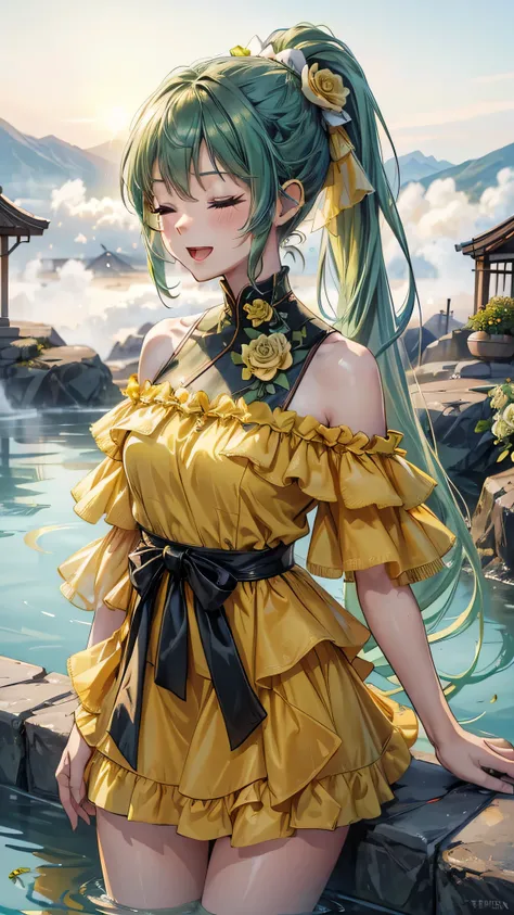 perfect anatomy, masterpiece:1.4, best highres, 16k, (the background is Hot Spring Town), ((background many hot spring with fog)) break,  
(wide-angle, frontale:1.2) (solo:1.3 ponytail green hair long hair cute girl), ((15 yo)), (cute closed eyes), ((beaut...