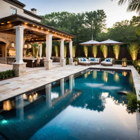 Create a realistic photo of a private open swimming pool nestled in the backyard of an elegant European-style villa. The pool features a luxurious infinity edge design, with sparkling blue water reflecting the surrounding landscape. Cascading waterfalls ad...