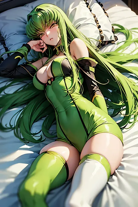 C.C、Code Geass、Green Hair、Long Hair、((Thigh-high socks))、Photo from below、Medium chest、((On the bed))、((Lying on your back))、