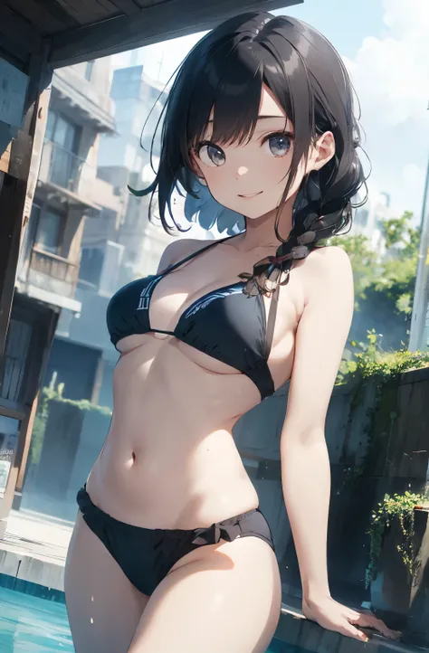 High resolution、
One beautiful young woman、
(Masterpiece 1.5),super high quality, Very detailed,Perfect drawing,NFSW、Beautiful woman、Beautiful, glowing skin、A kind smile、Beautiful black hair、Braiding、(((beautiful swimwear)))、(((Luxury Swimwear))),3D、16K Il...