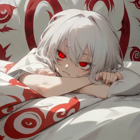 White-haired and red-eyed anime character lying on the bed,Cute expressions，front，Curled up in the quilt