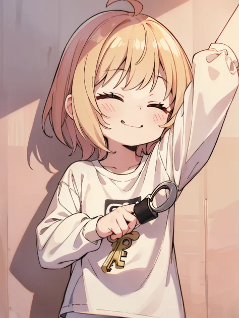 1girl,6 years old,blonde hair,happy expression, holding the key,blonde hair,short hair, closed eyes,long sleeve t-shirt, white t...