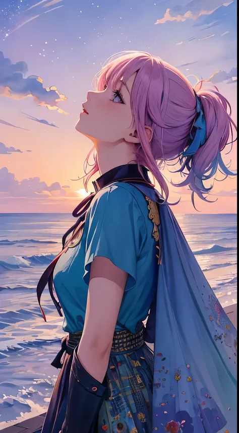 (masterpiece, highest quality, highest quality,watercolor (Moderate),Official Art, beautifully、aesthetic:1.2),(One girl:1.3), (Fractal Art:1.3),Upper Body, From the side, View your viewers,pattern,(Rainbow Hair,colorful hair,half blue、half pink hair:1.2),w...