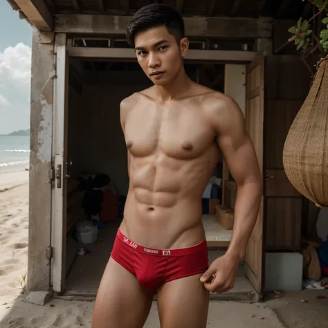 young man,handsome,Thai person,thin,Wear red underwear,Beach walks,daytime,Sharp picture,realistically