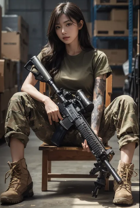 8k, realistic photo, realistic skin texture, beautiful japanese american female us army soldier, simple warehouse, sitting on a ...