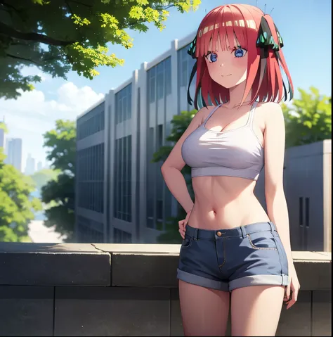 1girl, alone, Nino nakano,2d, masterpiece, best quality, anime, highly detailed, 1girl, solo, cowboy shot, nakano nino, pink hair, butterfly hair ornament, crop top , cleavage, Denim shorts , medium breasts, standing, school, outdoors, smile, perfect hands...