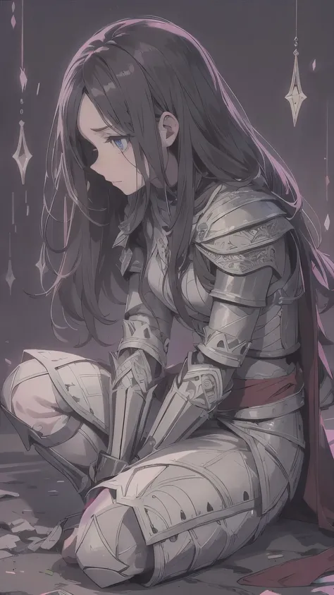 A girl, wearing a simple armor, shattered, armor is broken, simple broken sword, she is kneeling on the floor, she is sad and hurt, missing parts of the armor, armor is ultra shattered, tears, ultra long hair, Long eyelashes, ultra detailed face, glowing l...