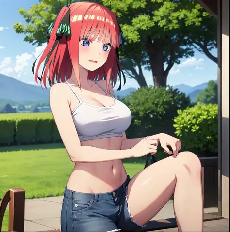 2d, masterpiece, best quality, anime, highly detailed, 1girl, solo, cowboy shot, nakano nino, pink hair, butterfly hair ornament, crop top , cleavage, Denim shorts , medium breasts, standing, school, outdoors, smile