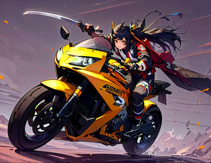 (highest quality,High resolution),1 Girl,Black Hair,Samurai Rider, Ride a motorcycle and wield a sword