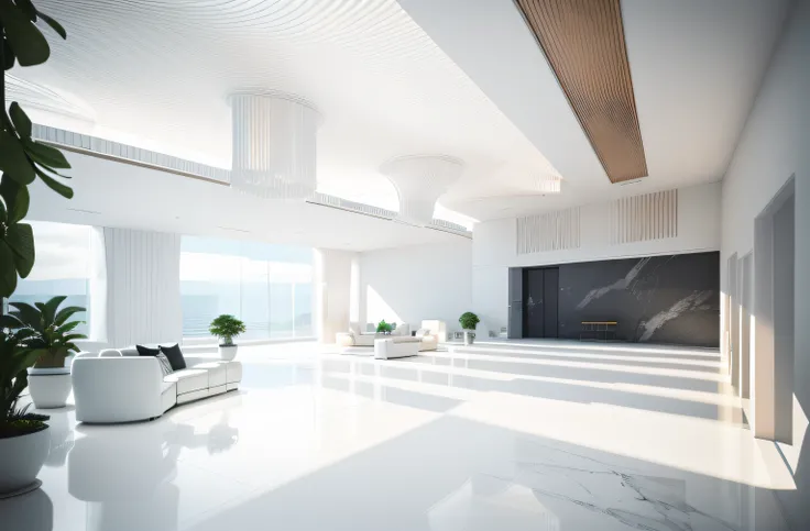 There is a spacious lobby，White marble floors and glass ceilings，There are plenty of sofas and tables inside, interior architecture view, building rendering, simple ceiling, archviz, high ceiling, professional render, Realistic physical rendering, high qua...