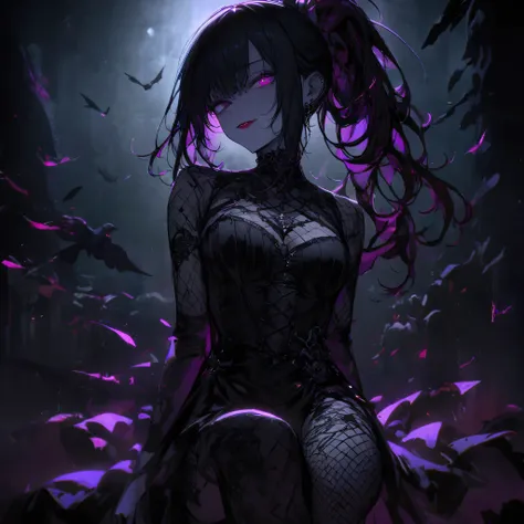 （dark atmosphere，gothic fashion，bright colors），（best quality，Super exquisite，），Sexy goth Vampire girl，In the rose garden at night，Beautiful and delicate eyes，Straight black ponytail with blue tips，Crow feathers，red lipstick，mysterious smile，Pale complexion...