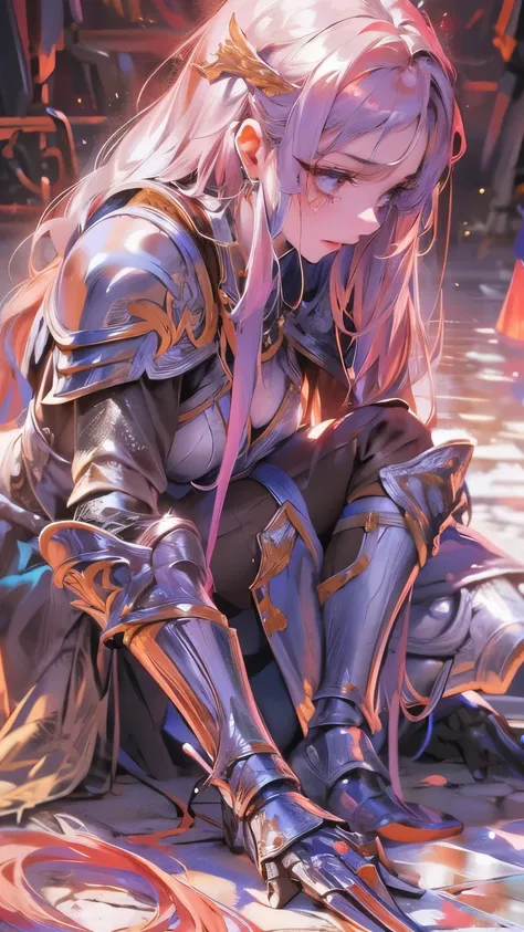 A girl, wearing a simple armor, shattered, armor is broken, simple broken sword, she is kneeling on the floor, she is sad and hurt, missing parts of the armor, armor is ultra shattered, tears, ultra long hair, Long eyelashes, ultra detailed face, glowing l...