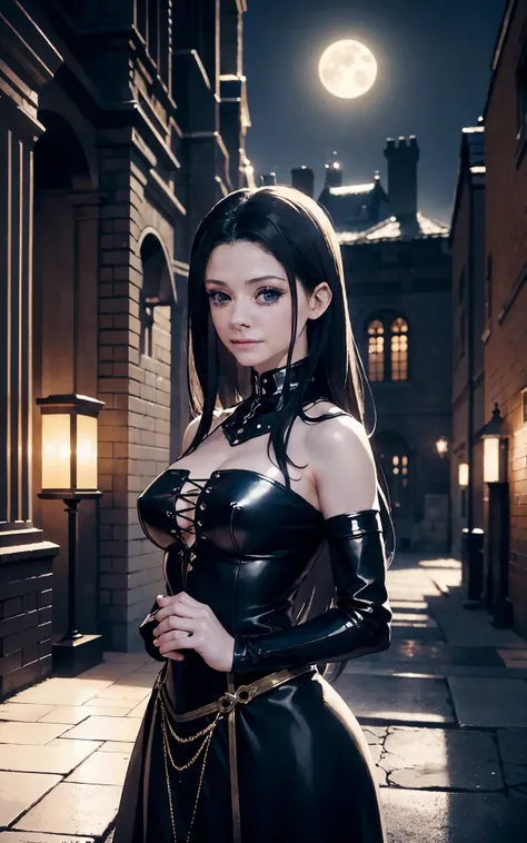 (Emmy Rossum:Evangeline Lilly) An ultra detailed, a beautiful goth girl with long straight hair in a short black dress is walking through a gothic city, moonlight, gothic fashion, dark fantasy style, hyper realistic, realism, digital art, cinematic, perfec...