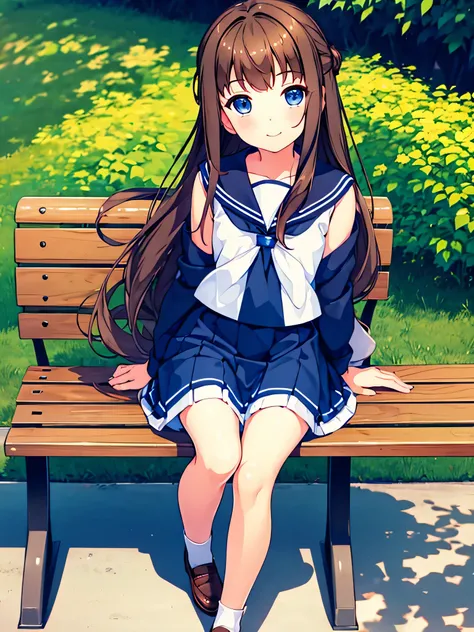 1girl,solo,outdoor,bench,sitting,smile,
 aamanaka,brown_hair,long_hair,blue_eyes,scrunchie,manakauniform mini skirt,sailor_dress,school_uniform,serafuku,sailor_collar,sleeveless,