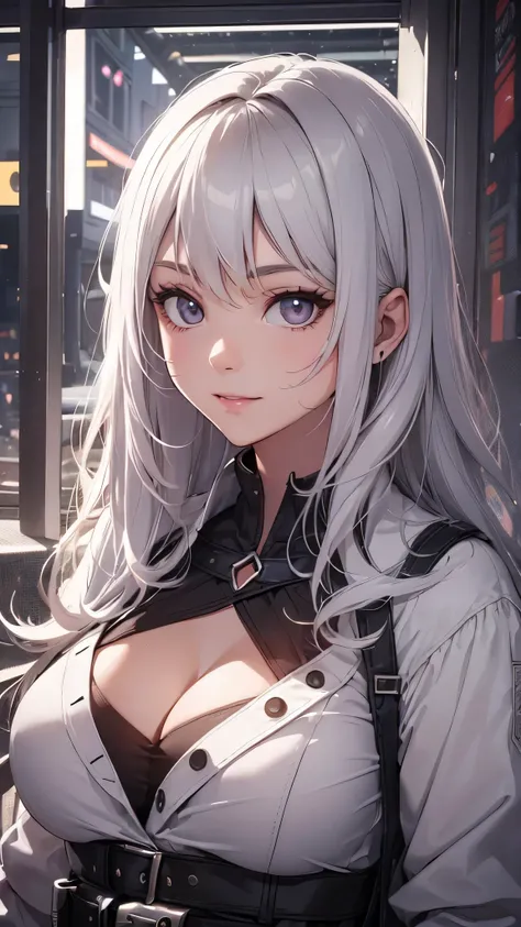 最high quality、Best image quality、masterpiece、girl((20-year-old、 By becoming、Best Bust、Medium Bust,Wide open breast tea、red glowing eyes,Silver Hair、Disheveled Hair、Long Hair、thin,The highest valley、Open chest、White wristband、smile、hair ornamentany accessor...