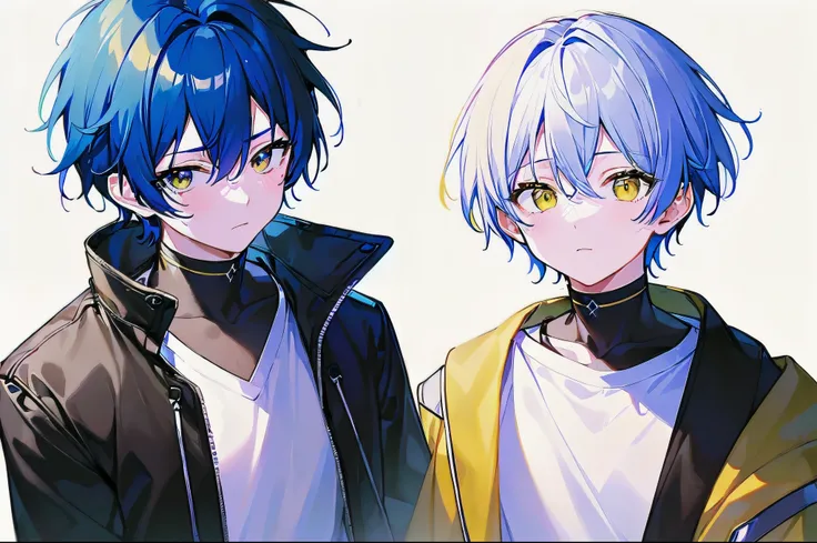 [(WHITE BACKGROUND:1.5),::5], ((((masterpiece)))), high quality, very_high_resolution, large_filesize, full color, ((younger boy)), 13 old year, short deepblue hair, vivid color, ((yellow eye)), civilian clothes white, animestyle, 