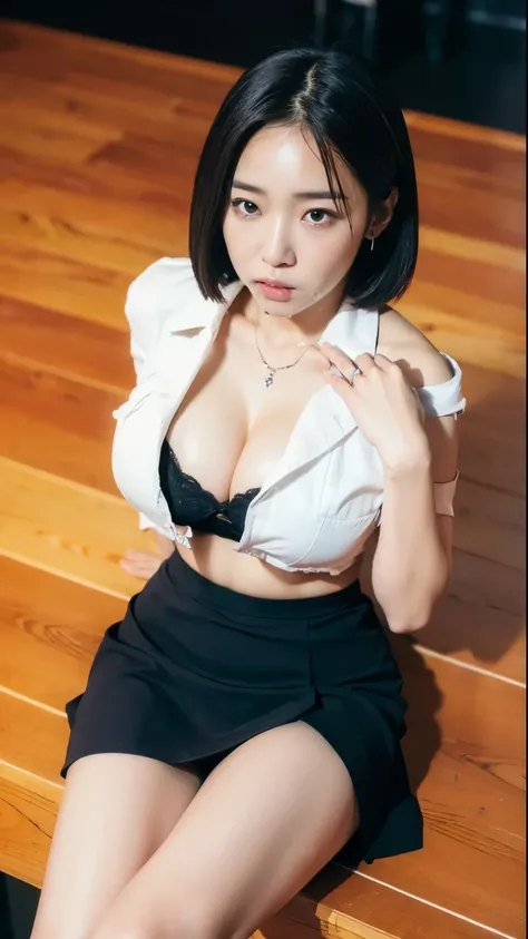 (highest quality, 8k, 32k, masterpiece, Ultra-high resolution:1.2),beautiful japanese women pictures, 22 years ago,Cleavage、Medium meat、Sexy thighs、,(black,short hair:1.2),teacher,classroom,(Open white shirt:1.3),(black suit skirt:1.1),Off the shoulder,Hig...