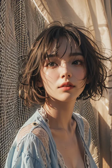 Araped woman with short hair, No makeup, without makeup, Centrally separated curtain bangs, Profile picture, Use Instagram Filters, Subtle soft and dim light, Pose looking back at the beach, sandy beach, tide, perfect face, julia sardinian, perfect hands, ...