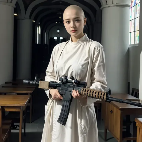 a beautiful nun、wearing a monk&#39;s robe:1.3、cowboy shot、big breasts、(skinhead:1.55)、(aiming the groza assault rifle at the vie...