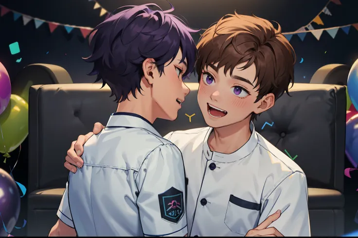 two 8 year old boys celebrate birthday purple hair and brown hair