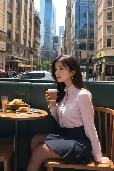 high-definition images, atmospheric perspective, 8k, super detail, accurate, best quality, angle from below, a woman, drooping eyes, blush, in the city, food track, busy, skyscrapers, (blouse, long skirt), shoulder bag, tiny earrings, coffee shop with larg...