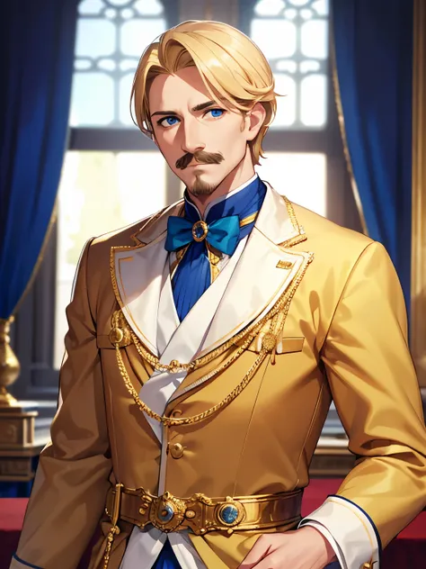 King standing in the royal palace,thin, muscular body,Hands on chest, respectful pose, short hair, mustache, 35 years old, blonde hair, Blonde mustache,blue eyes, royal clothing,standing in the royal bedroom,ultra detailed,close up photo