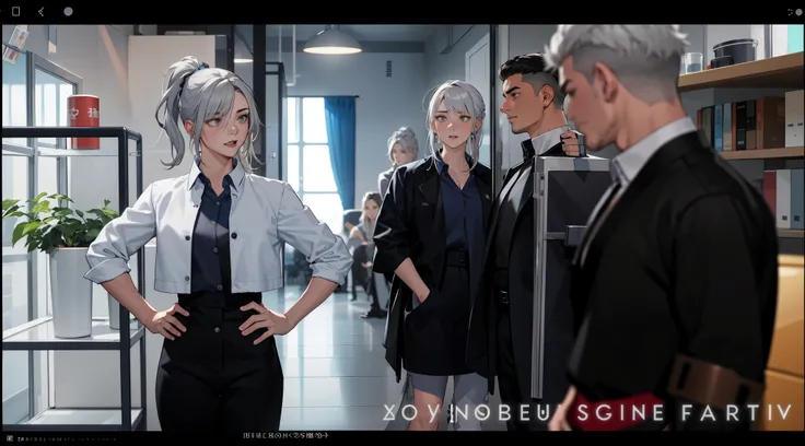 There is a 32-year-old woman with gray hair in front of her there are three warriors with gray hair and white clothes.