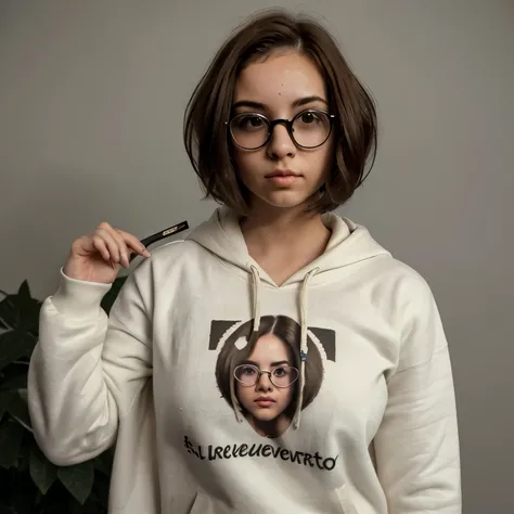 Chica joven con el pelo rubio,con lentes,pelo corto,con sudadera,cuerpo atractivo