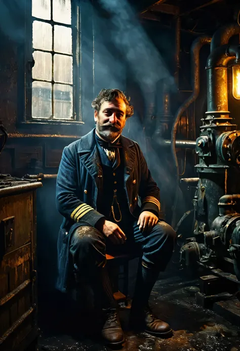 Cinematic render of gritty maritime engine room interior, dark tones with dramatic light and shadow, front view of grizzled ships stoker in filthy oil-stained clothing, face creased with strain and grime from back-breaking labor, photorealism, 1910s indust...