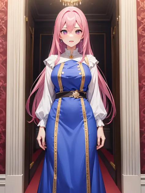 ,Adult woman, 35 years old,Standing in the royal palace,pink hair,pink eyes,blue royal dress,ultra detail,Shocked expression,visible teeth,half body photo,ultra HD