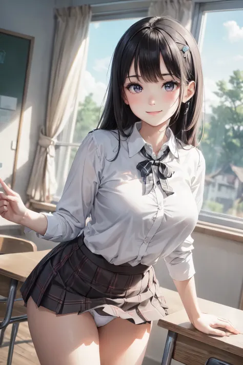 very cute and beautiful girl,(highly detailed beautiful face),white blouse,ribbon,(pleated plaid mini skirt), standing,(skirt lift,white panties),(smile),blush,looking at viewer,black hair,wooden classroom, (best quality,masterpiece:1.0),absurdres,highres,...