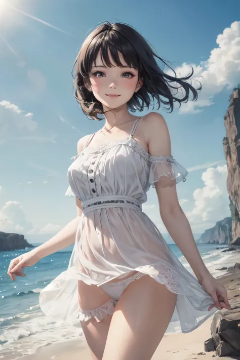 very cute and beautiful girl,frilled white summer dress with detailed lace,(highly detailed beautiful face),
(smile),blush,black hair,looking at viewer,cowboy shot,(skirt lift,white panties),
beach,distant rugged cliffs,
(best quality,masterpiece:1.0),absu...