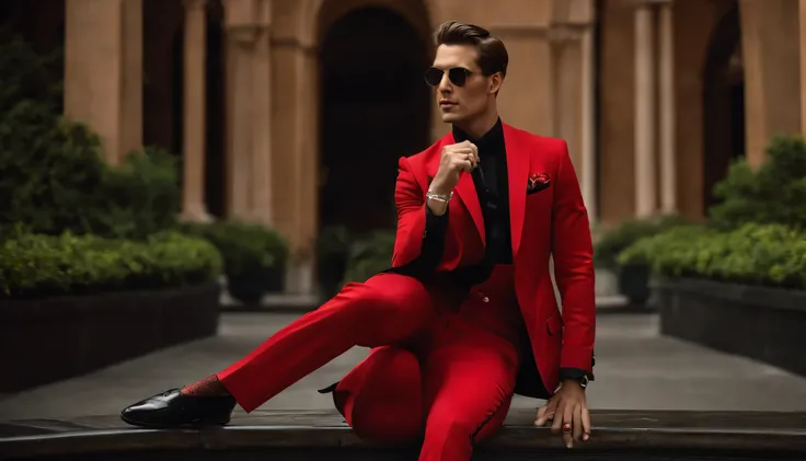 Man in redsuit blackshirt and blacktrousers