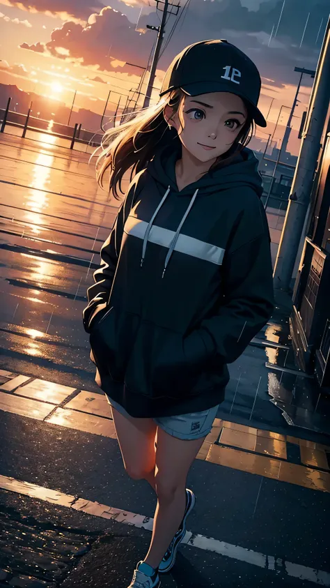 cinematic artwork of a woman walking alone, (she is looking up:1, wearing a hoodie, wearing a sports hat, laughing, hands in the pocket, professional image), cinematic atmosphere, semi-realistic, raining, detailed textures, uhd, reflections, low angle, at ...