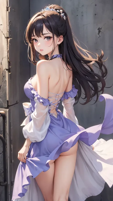 highest quality、4K quality、lean against the wall、Beautiful cleavage、Beautiful Style、tall、Small breasts、Bare buttocks、Small Ass、Shy face、20 year old princess、Bare shouldery skirt is blown up by the wind、ultra detail eye,Shooting from behind、Off-the-shoulder...