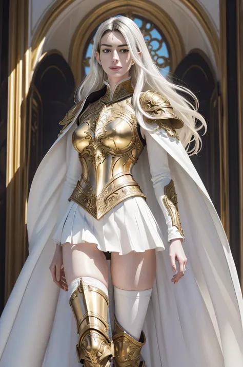 ((Anne Hathaway in ornate gold plate armor)), ((pure white hair)), award winning concept art of tall (1girl) in ornate plate armor, royal, elegant, ((facing camera)), look at camera, eye contact, high long ponytail, dramatic long flowing white hair, model ...