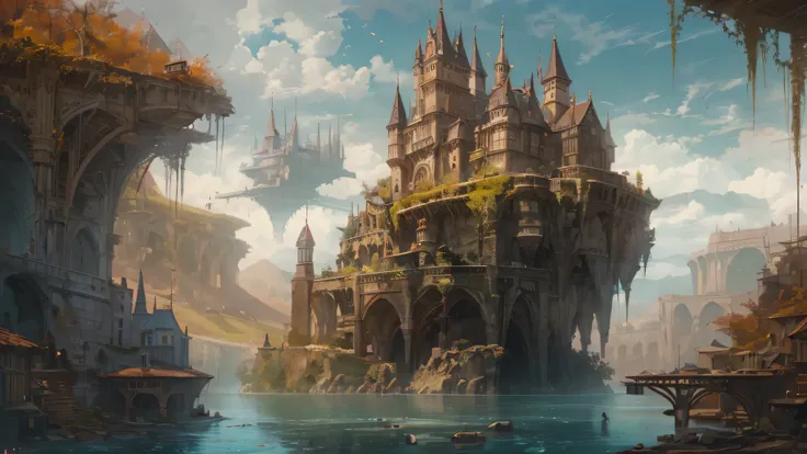 (by Greg Rutkowski: 1.2), (masterpiece), ((best quality)), extremely delicate and beautiful, illustration, (fantasy landscape), A mesmerizing fantasy with enchanting elements blending seamlessly. ((floating castle)), A sense of tranquility and wonder fills...