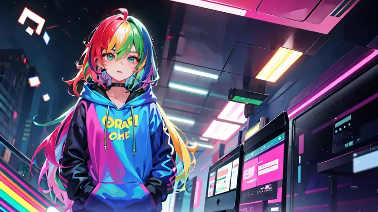 One girl,alone,Rainbow Hair, hoodie,Straight hair, Put your hands in your pockets, Headphones,