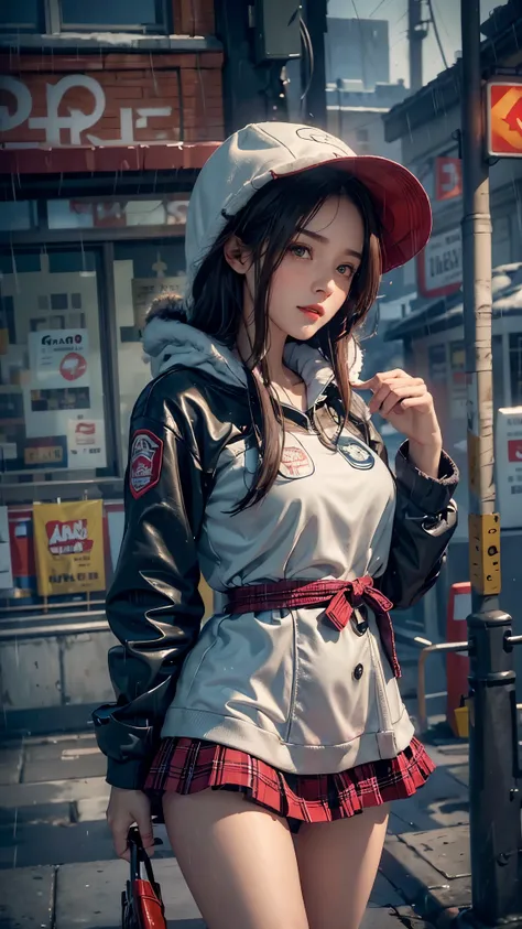 ((8k，masterpiece，best quality，Super detailed，Realistically))，extremely detailed face，Ray Tracing， Corner store，bus stop，Girl with dark hair and dark eyes，perfect thighs，(Red Fur Trim Hooded Jacket，White top，student shoes，red skirt，Black garters，clothes soa...